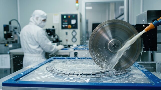 Wet cutting in a semiconductor facility with coolant flowing over saw blades as they dice silicon wafers highlighting smooth chip separation and dust control.