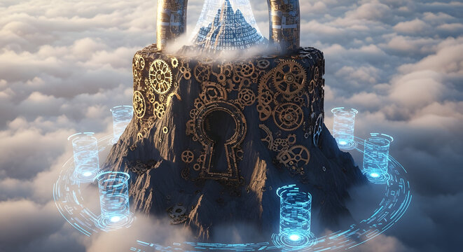 Secure Data Fortress Mountain with Steampunk Gears, Giant Keyhole, and Glowing Blockchain Data Towers in Clouds.