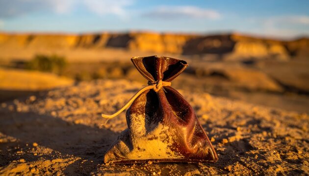 Small antique leather pouch tied with natural sinew rests on baked earth in arid landscape