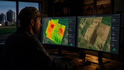 Obraz premium Farmer analyzing precision agriculture data on dual monitors with farm silos in background at dusk