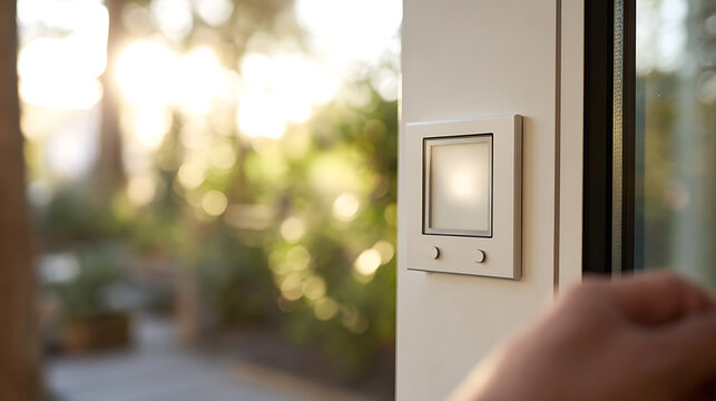 Modern light dimmer switch on a white wall, with a soft glow and a hand reaching towards it, against a blurred outdoor background, golden hour light