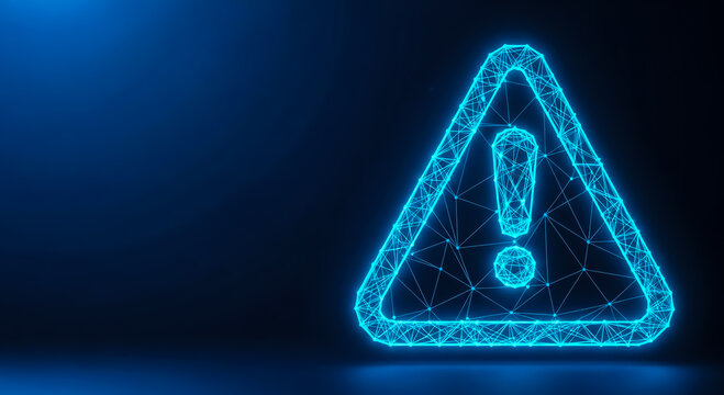 A glowing neon blue warning sign with an exclamation mark inside a triangle, set against a dark blue background.