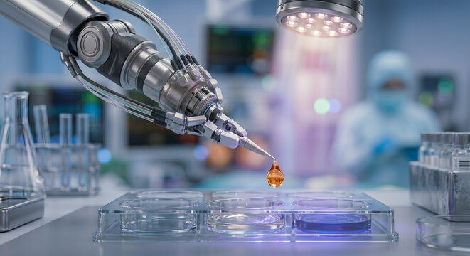 Robotic manipulator arm dispensing single drop of golden liquid into petri dish within high end scientific laboratory.