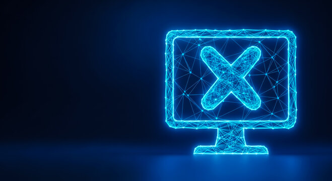 A glowing blue computer monitor with a stylized X on the screen, set against a dark backdrop. The image conveys concepts of error, disconnection, or denial in a digital context.