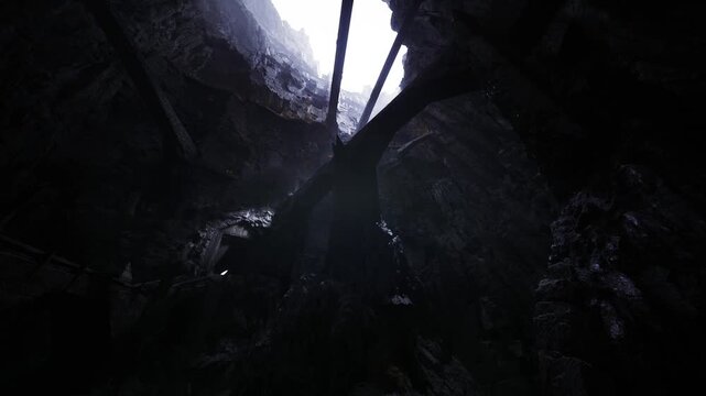 industrial sinkhole with shattered beams broken concrete and twisted metal, scattered debris and gritty textures, urban collapse mood with danger signage