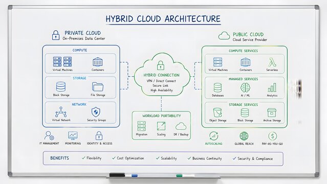 Hybrid cloud architecture diagram illustrating private and public cloud integration with data flow and benefits