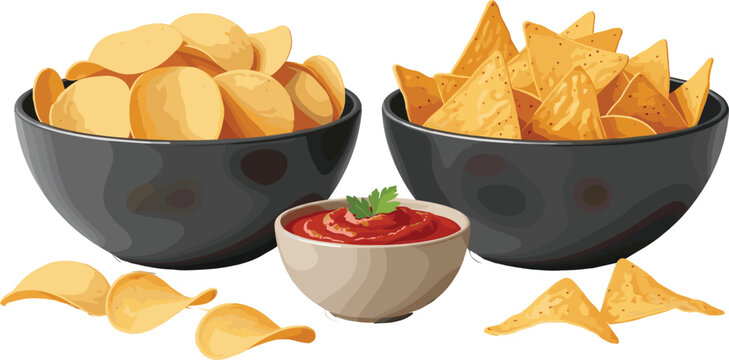Crispy potato chips and tortilla nachos with salsa dip vector illustration for snack food and party appetizer design