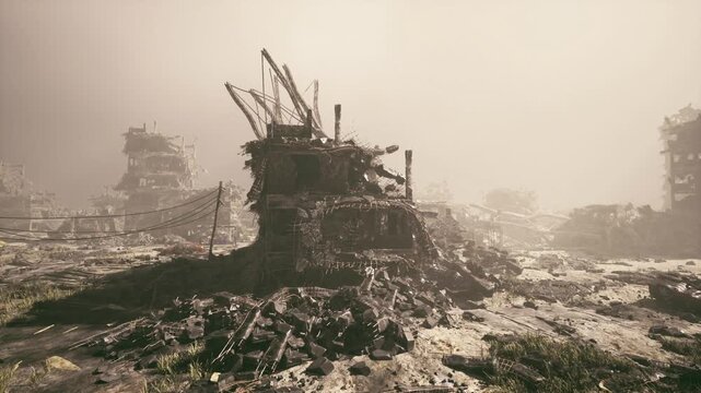 derelict industrial ruins overtaken by vegetation, haze filled light, twisted metal and crumbling concrete, desolate mood and nature reclaiming urban skeleton.