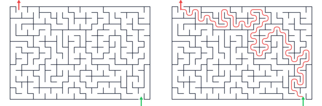 Labyrinth maze with solution paths drawn in red and green  