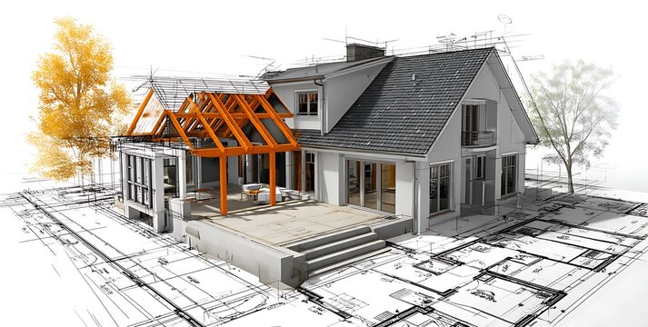 Architectural blueprint of a modern house with sketches and 3D rendering, showcasing the construction process and design details