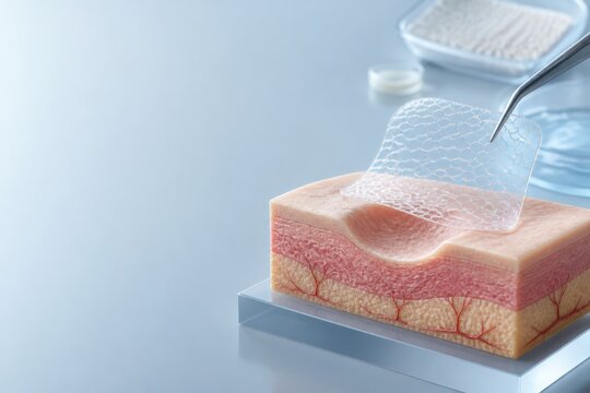 Hydrogel patch applied to a layered skin model illustrating advanced wound care and dermatology treatment