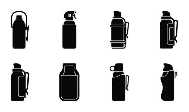Collection of Black Thermos Flasks and Water Bottles, Vector Icons for Outdoor and Travel Gear
