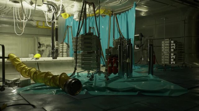 Containment setup with yellow hose and teal mat, suspended modules above wet floor clamp and pump connections visible, glossy reflections, temporary barrier