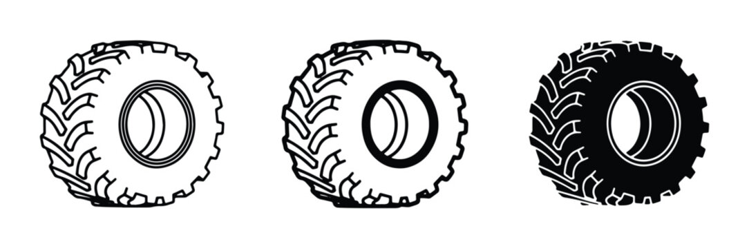 Tractor Tire Icons, Agricultural Wheels Set, Off-Road Vehicle Rubber Vector Graphics