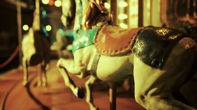 Vintage horse sculpture captured beautifully. Frozen carousel steed with chipped paint details. Ornate painted horse statue with nostalgic atmospheric lighting