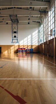 Empty indoor gymnasium with sunlight casting shadows on wooden floor, basketball hoops raised, and colorful mats stacked.