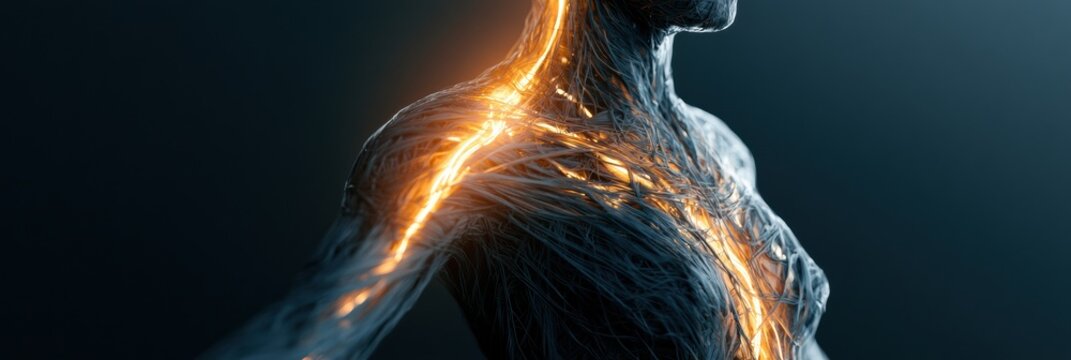 An abstract representation displays a tangled internal structure within a female form, clarified by warm diagnostic light in a dark space.