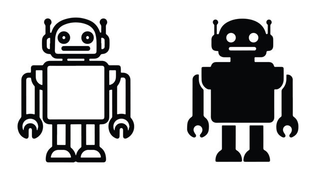 Retro Robot Icons, Vintage Android Symbols, Futuristic Machine Illustrations, Simple Black and White Vector Art