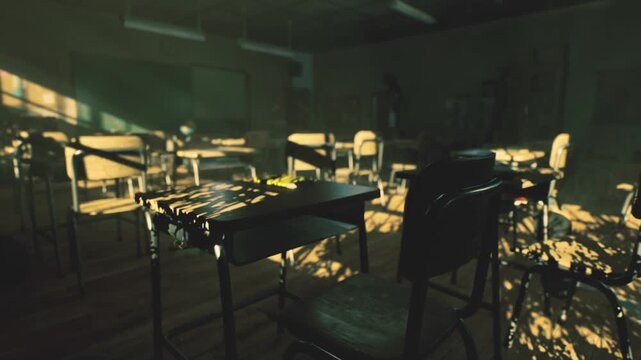 Moody empty classroom with silhouetted chairs and rowed desks, cool fluorescent highlights cutting through slatted shadows, grainy film texture and high
