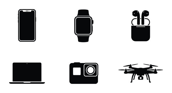 Modern Gadgets Vector Icons: Smartphone, Smartwatch, Earbuds, Laptop, Action Camera, Drone
