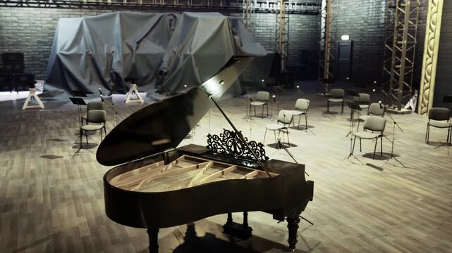 Lonely grand piano on stage, dusty keys and scattered chairs under dim spotlight industrial brick backdrop, film lighting rigs, open sheet music, silent