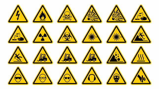Extensive Set of Yellow Hazard Warning Signs and Safety Symbols on an Isolated White Background, Covering Diverse Industrial Dangers.