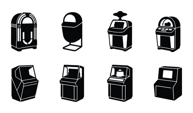 Retro Arcade Machines and Jukebox Vector Icons, Vintage Game Console and Music Player Set