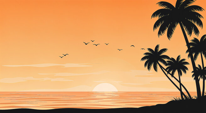 Sunset landscape with palm trees on beach vector illustration beautiful tropical background summer holiday