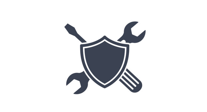 Repair and maintenance shield icon with wrench and screwdriver, symbolizing technical service and protection, isolated white background.