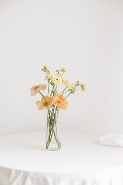 Spring Poppy Bouquet in Glass Vase White Table Minimal