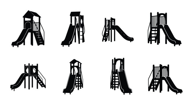 Playground Slide Set, Kids Park Equipment, Outdoor Recreation Vector Icons, Children's Fun Elements