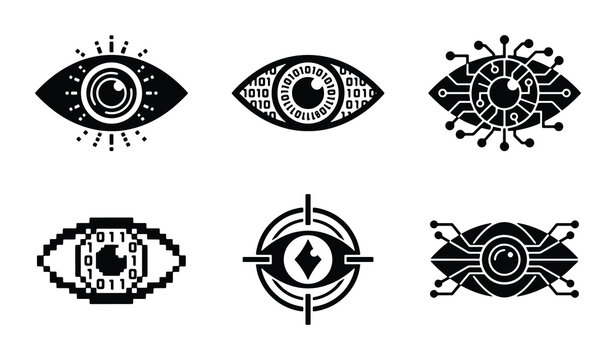 Futuristic Eye Icons, Digital Vision Symbols, Cybernetic Surveillance Graphics, Technology Concept Art