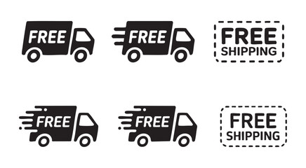 Set of delivery truck icons with free shipping text labels isolated on transparent grid background. © Maruf