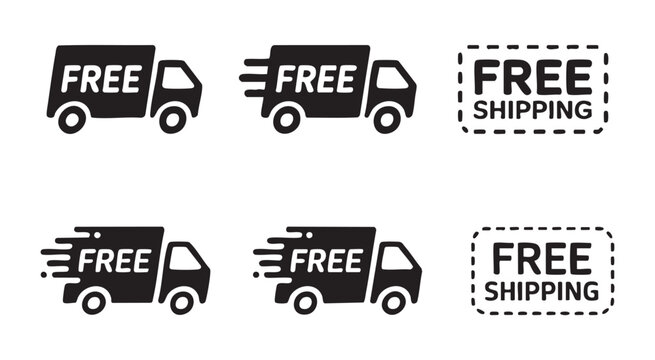 Set of delivery truck icons with free shipping text labels isolated on transparent grid background.