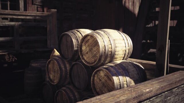 Shadowy ship cargo hold with stacked barrels and crates, lantern glow slicing through planks, damp hull and bilge textures visible, freight ready for voyage