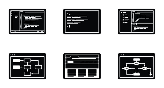 Coding Interface Icons, Software Development Windows, Programming Code Displays, Algorithm Flowcharts, Web Design Layouts, Data Structure Diagrams