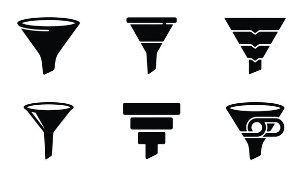 Set of Six Black Funnel Icons, Simple Vector Shapes for Filtering and Separation Processes, Graphic Elements