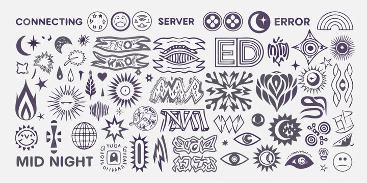 collection of hand drawn y2k style tribal symbols and icons