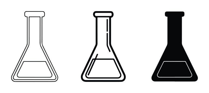 Three Erlenmeyer Flask Icons: Outline, Filled Outline, and Solid Black, Science Laboratory Glassware Vector Set