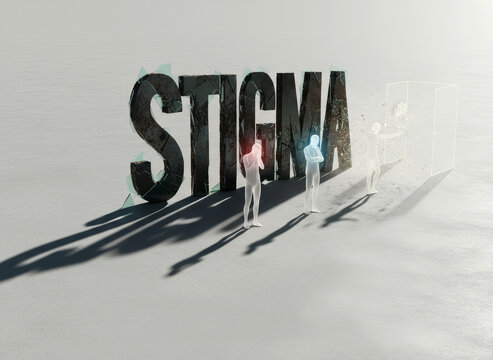 A conceptual illustration depicting a glowing human figure breaking free from a large, cracked stone text reading stigma, symbolizing overcoming mental health barriers.