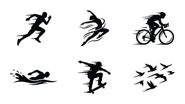 Dynamic Sports Icons: Runner, Dancer, Cyclist, Swimmer, Skateboarder, Birds in Motion, Vector Graphics