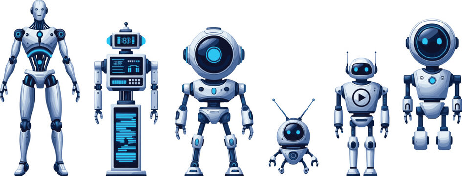 Futuristic robot characters vector collection with blue metallic androids for artificial intelligence technology and sci fi design