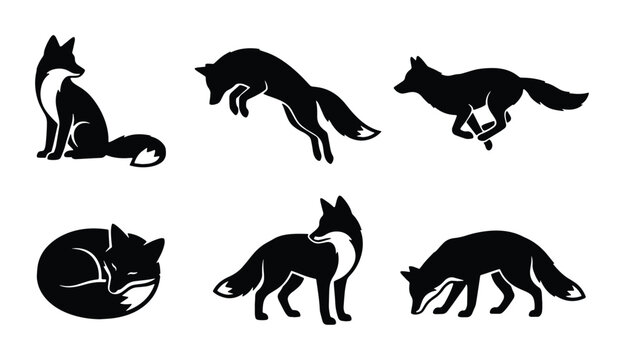 Set of 6 black fox silhouette vector illustrations in various poses for wildlife and nature design