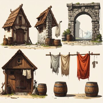 Rustic village structures, archway, barrels, and drying laundry