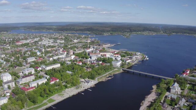 Drone footage of Sortavala town and Ladoga lake on sunny summer day. Karelia, Russia.