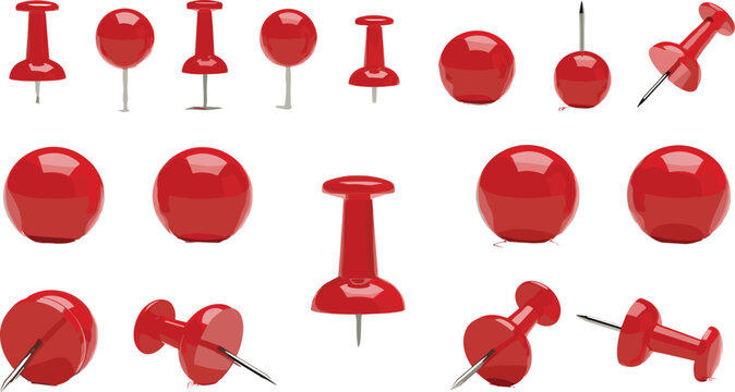 Glossy red push pins vector collection with round thumbtacks and sharp needles for office bulletin board design