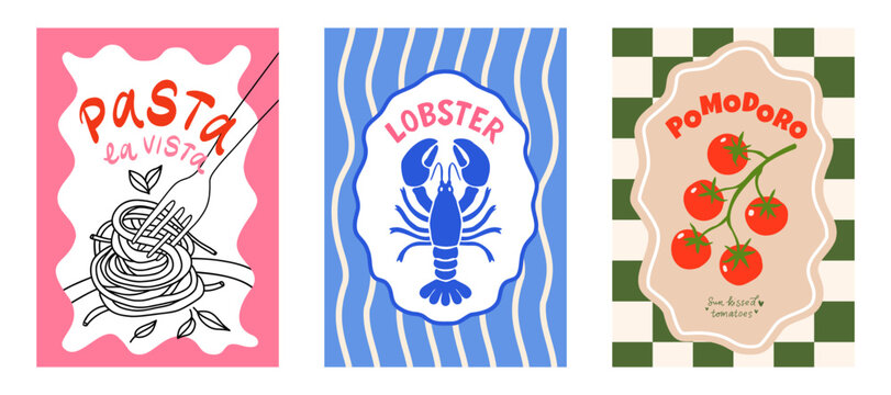 Pasta lobster pomodoro tomato dolce vita italian food posters set. Mediterranean dinner lettering quote prints pink blue green check retro card graphics clipart vector illustration isolated