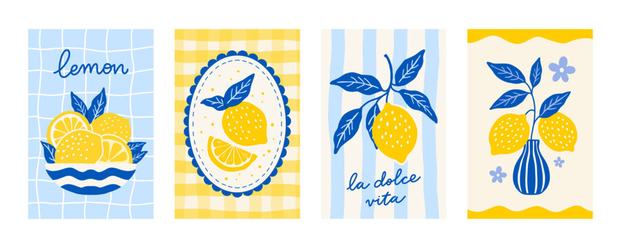 Mediterranean lemon posters set. Amalfi coast food art. Yellow lemons print collection. Italian style summer background. Blue and yellow retro design