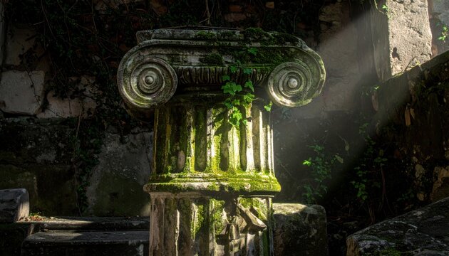 Ancient Roman marble column fragment with ornate ionic capital, weathered and moss-covered ruins
