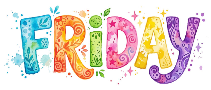 Colorful Happy Friday Typography with Floral Decorations and Confetti Background